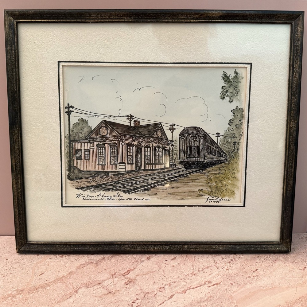 Vtg June Isaac 1975 Framed Art Historic Cincinnati OH Winton Place Train Station